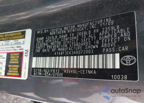 2010 Toyota Camry Le из США, поврежденный, VIN 4T4BF3EK3AR072003